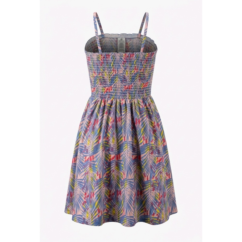 BCBGIRLS Girls Tropical Palm Print Smocked Bodice Sundress Blue Pink Size 12 - Picture 1 of 11